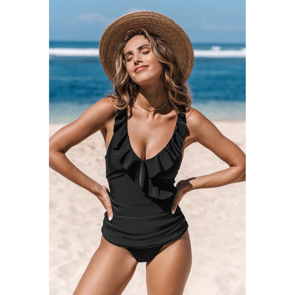 CUPSHE Black Ruffled V-Neck Tankini Top & Tummy Control Bottoms Set Size Small